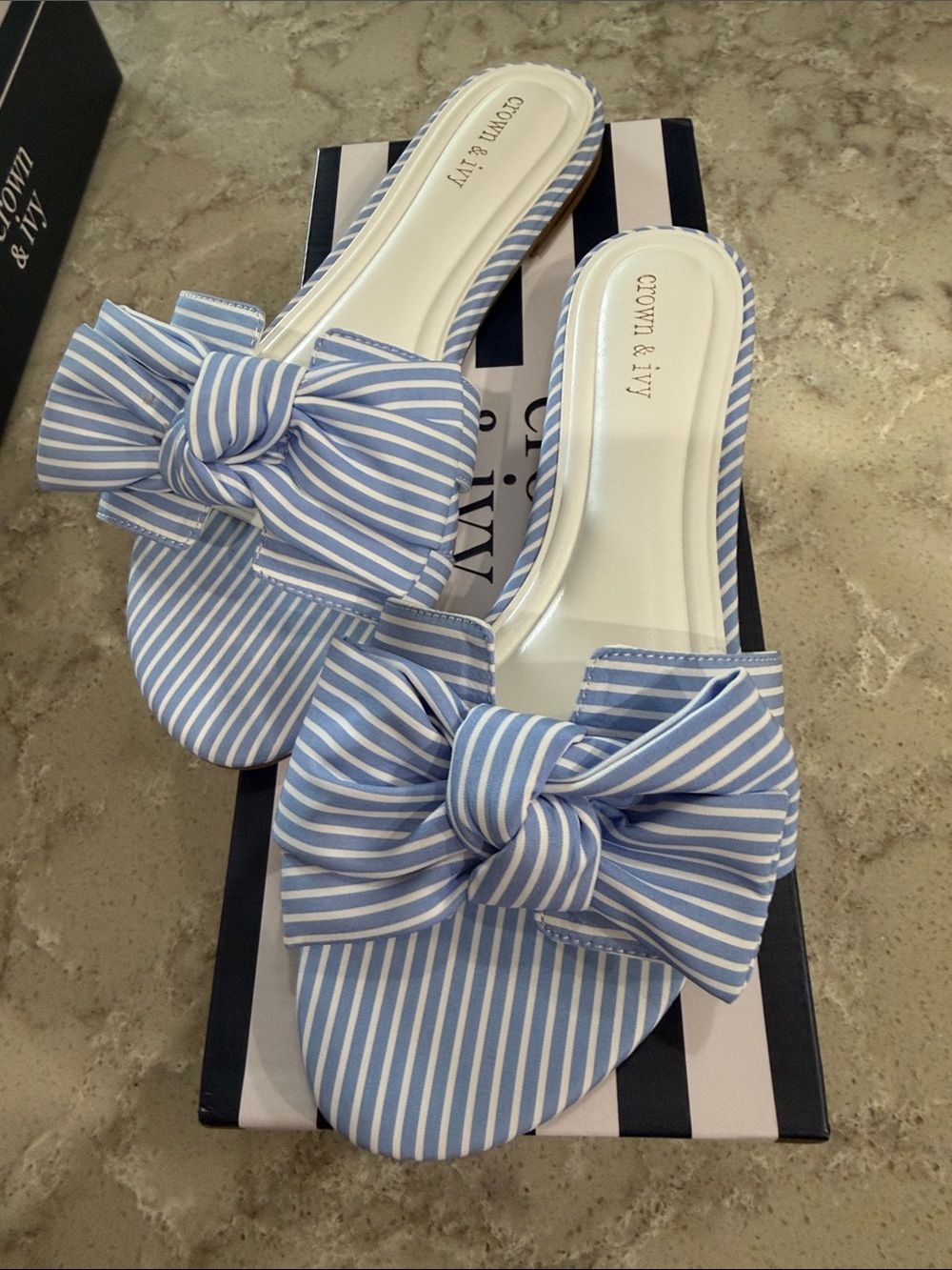 Clovia & Ivy Blue Striped Bow Slide Sandals